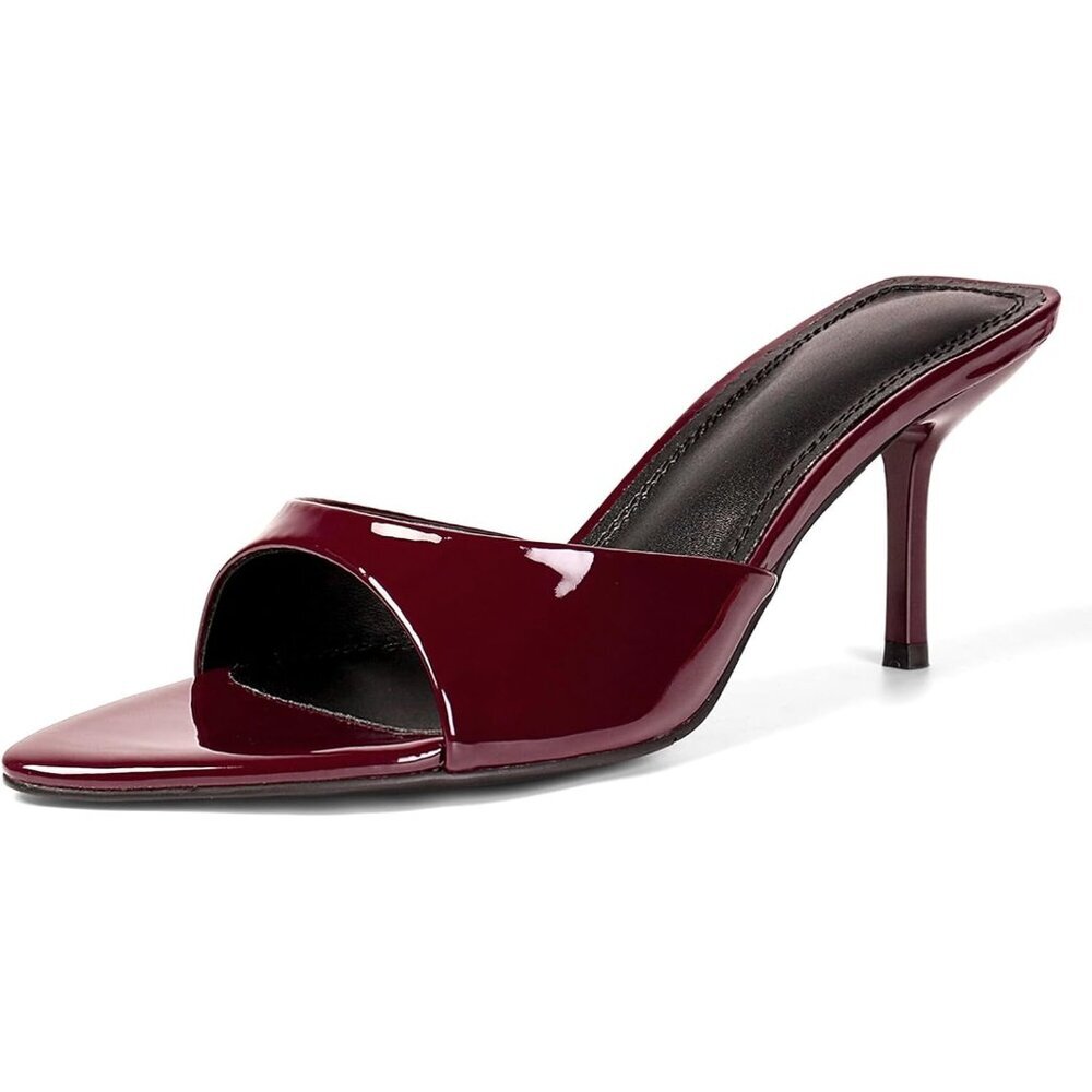 Women's Burgundy Open Toe Kitten Heels Pointed Toe Mule Slip On Elegant Shoes